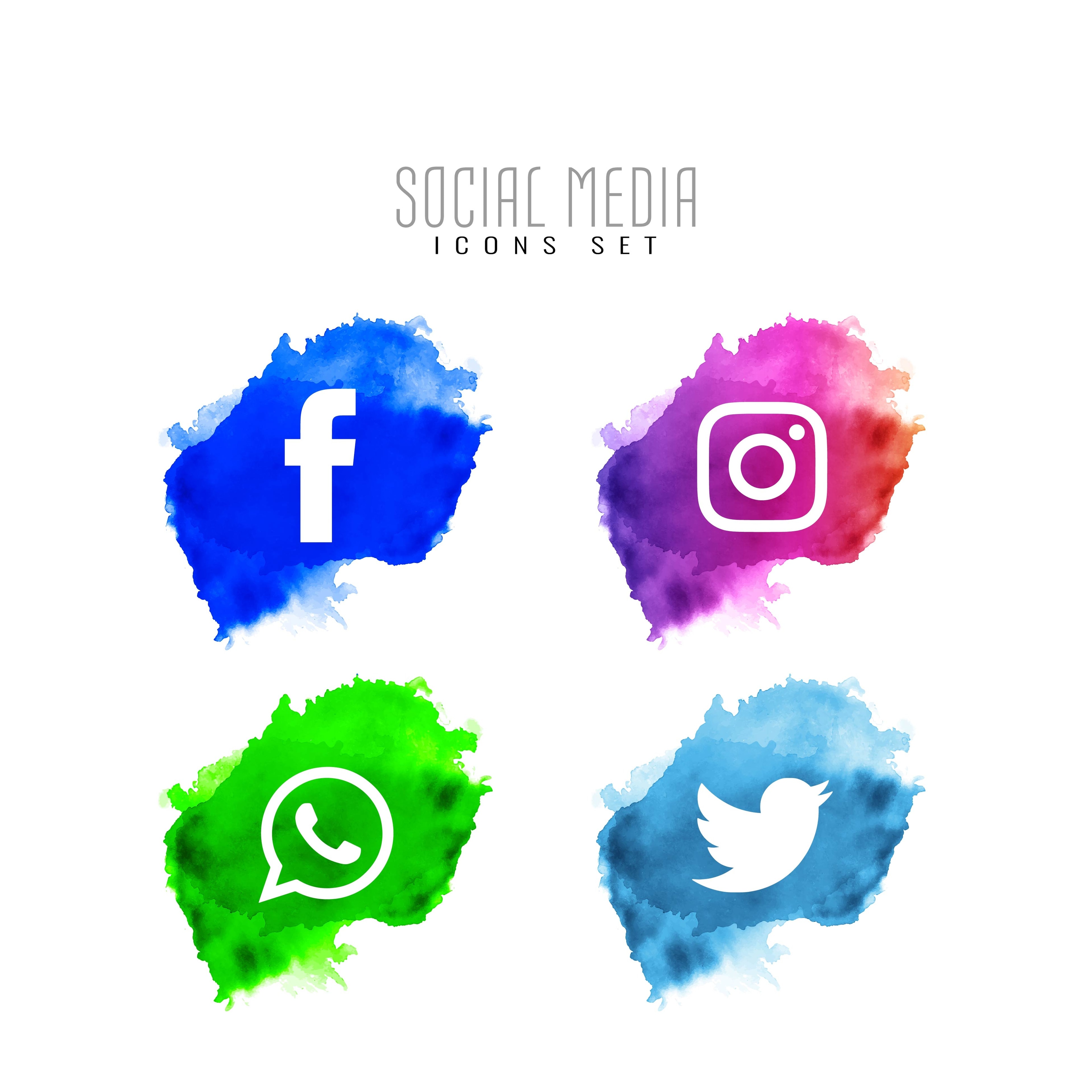 Watercolour social media icons for Facebook, Instagram, WhatsApp, and X